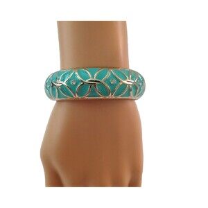 Bangle Bracelet Teal Green Gold Tone Tension Spring Crystal Accents Geometric